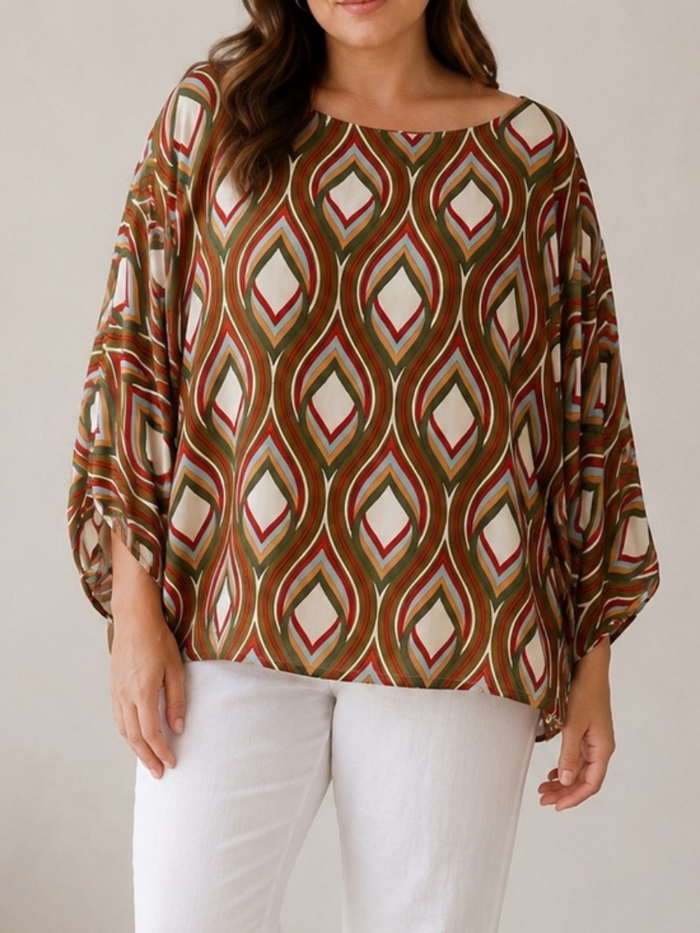 Bryn Walker Mod Geo Print Oversized Dolman Sleeve Bohemian Art Tunic Top